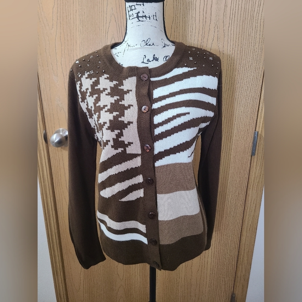 Jenny Zebra Print Houndstooth Colorblock Studded Eclectic Brown Button Cardigan